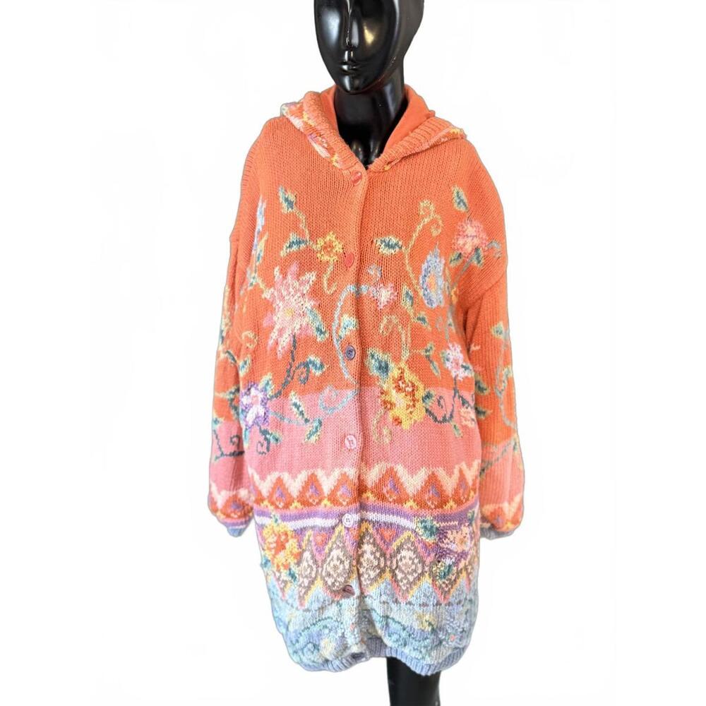 1990s Together! Hooded Floral Knit Cardigan Orange